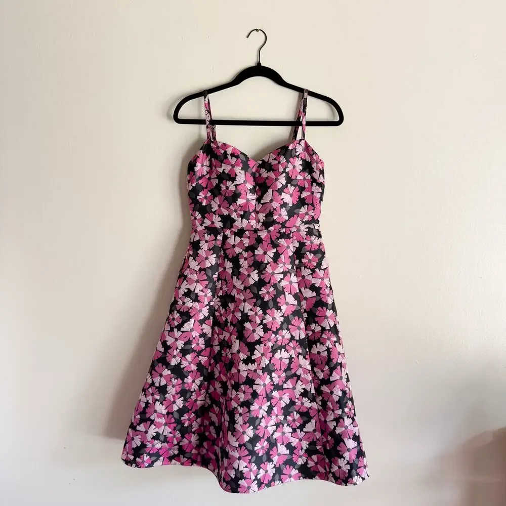 Kate Spade Black + Pink Wallflower Flower Jacquard Metallic Midi Dress - Size 2